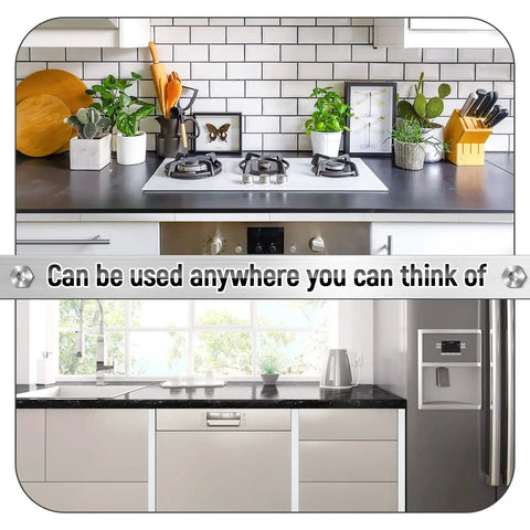 Kitchen with stainless steel shim set installed as gap filler, featuring modern cabinetry and appliances.
