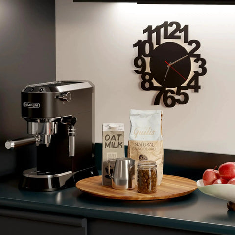 Kitchen countertop with black coffee machine and 18 Inch Acacia Wood Lazy Susan For Tabletop And Countertop Use serving tray.