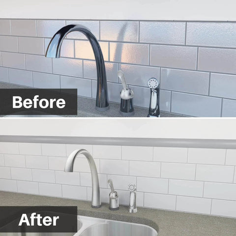 Before and after comparison of kitchen faucet and backsplash renovation with new white tiles replacing old metallic tiles.