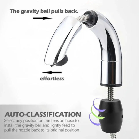 Universal Hose Weight Ball Replacement For Kitchen Pull Down Faucets installed, showing chrome faucet and gravity ball for smooth operation.