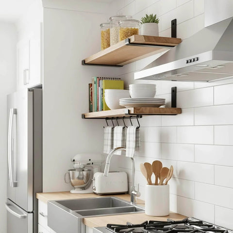 Kitchen with installed 12 inch Shelf Brackets 6-Pack, 1/5 inch Thick Heavy Duty Industrial Bracket for DIY Floating Shelf Support, Black Coated