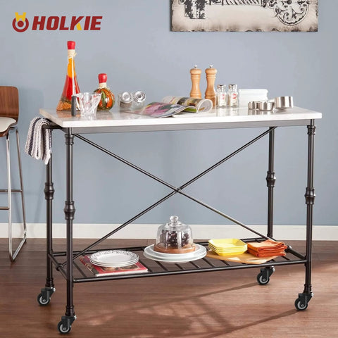 Kitchen cart table with 2 Inch Caster Wheels Set of 4 No Brake Swivel Casters, steel frame and lower shelf, used as serving station