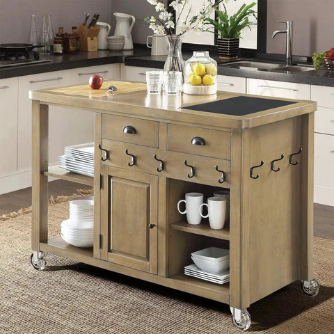 Kitchen island with wooden finish on transparent three inch swivel casters without brakes for furniture, showing kitchenware and decor items.