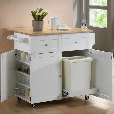 White kitchen cabinet with open doors showing storage shelves and a waste bin.