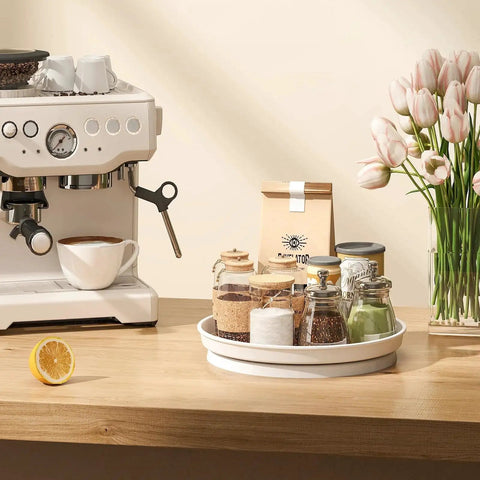 Kitchen counter with items on Two Pack 10 Inch Lazy Susan Turntable For Cabinets And Tables Perfect For Kitchen Pantry Refrigerator.