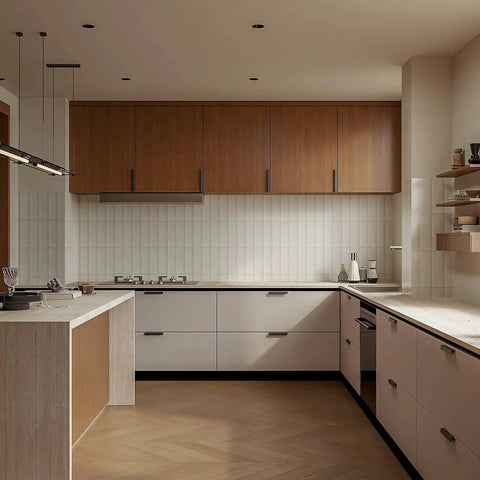 Modern kitchen with 10 Pack 5 Inch Matte Black Cabinet Handles Drawer Pulls for Cabinets and Cupboards installed on wooden cabinetry.