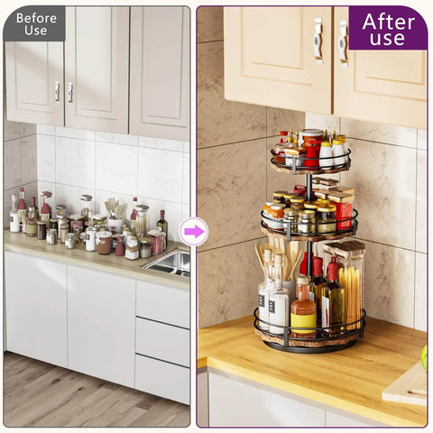 Before and after using Heavy Duty 3 Tier Lazy Susan Organizer, Adjustable Height Rotating Spice Rack with Thickened Wooden Boards in kitchen