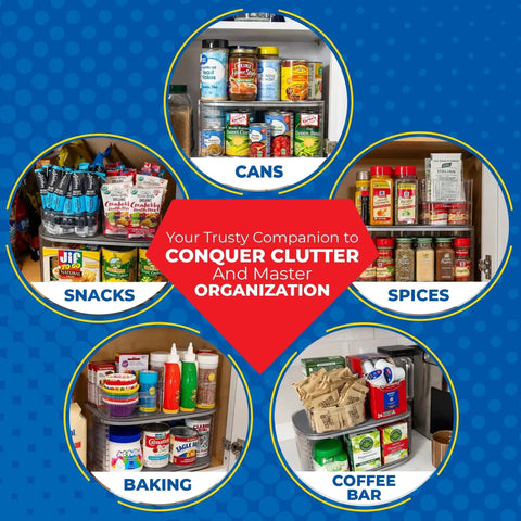 Two-Tier Kitchen Rotating Canned Goods Organizer with Turntable storing cans, snacks, spices, baking items, and coffee supplies