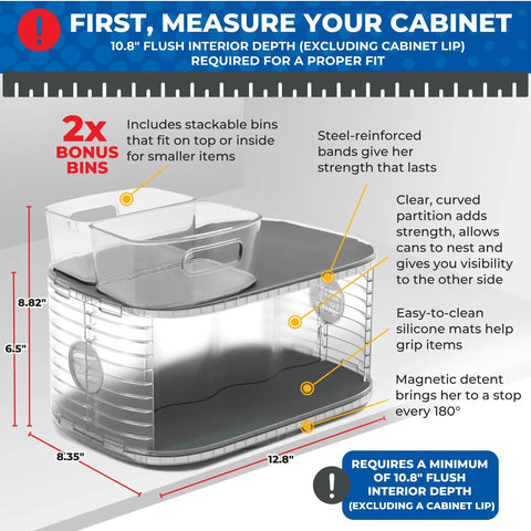 Two-Tier Kitchen Rotating Canned Goods Organizer With Turntable showing measurements, steel reinforcement, and bonus bins.