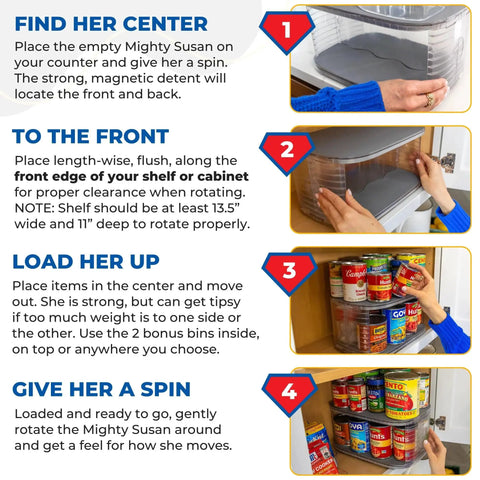 Steps to use the Two-Tier Kitchen Rotating Canned Goods Organizer with turntable in a cabinet