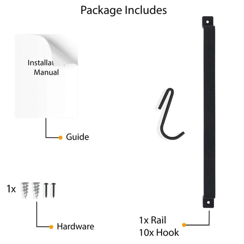 Package contents of Gourmet Kitchen Rail with 10 Hooks, including installation manual, hardware, and black wrought iron rail and hook.