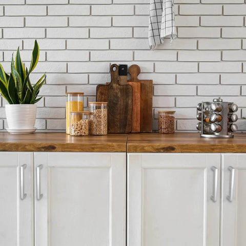 Modern kitchen with Two Pack Silver 5.5 Inch Square Cabinet Pulls Stainless Steel Drawer Handles installed on white cupboards.
