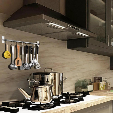 Kitchen Sliding Hooks, Stainless Steel Hanging Rack Rail with utensils on wall above stove, 10 movable S hooks, 23.6 inches long