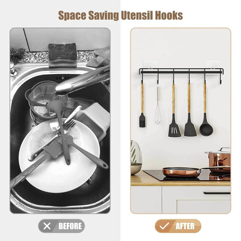 Before and after using Kitchen Utensil Hanger, Adhesive Utensil Holder Wall Mount Kitchen Rack Rail with 12 Hooks, Black, 2 Pcs
