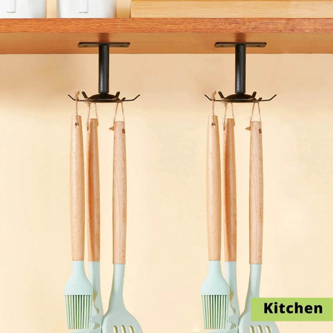 Utensil Hooks, 2 Pack Under Cabinet Utensil Rack Hangers 360 Rotatable Kitchen Utensil Hooks Stainless Steel Top Mounted with 6 Rotatable Claws
