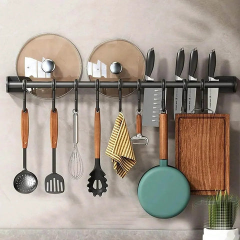 Modern Kitchen Utensil Rack, Black Wall-Mounted Hanging Rod with 6 Movable Hooks, 15.75 Inch Metal Storage Organizer in use