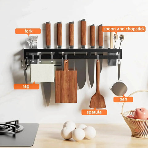 Wall Mount Utensil Rack, 15.7inch Kitchen Utensil Hanger with spoons, knives, forks, chopsticks, and pot rack mounted on wall