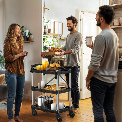 Heavy Duty Folding Utility Cart With 3 Tier Shelves DWVO 240 Lb Load Capacity in kitchen with coffee and pastries