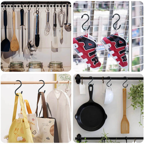 Hooks displaying kitchen tools, sneakers, bags, and cookware for organized storage solutions.
