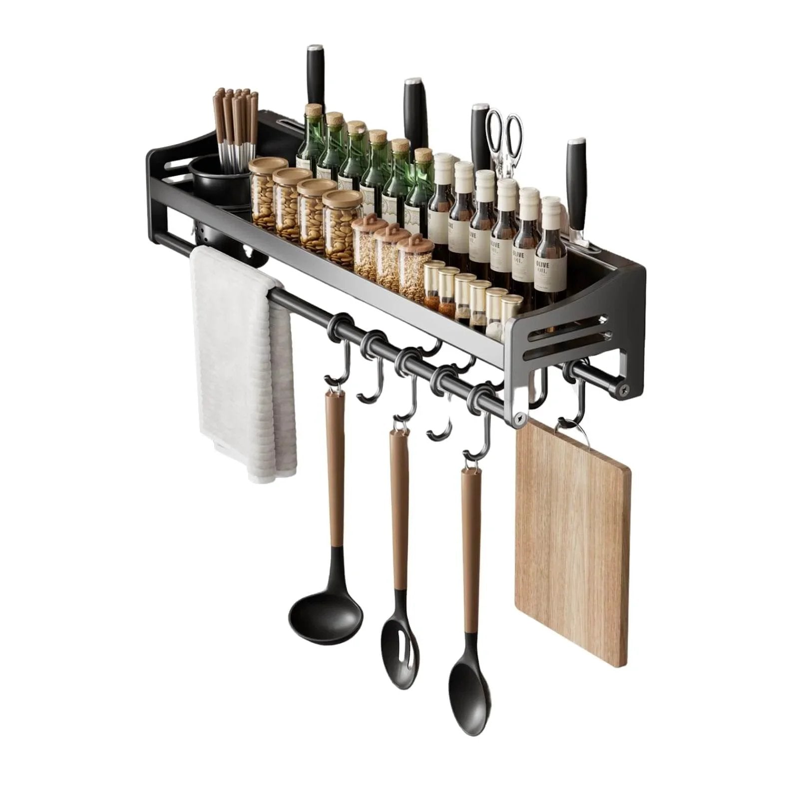 utensil hanger, wall mounted kitchen rail with hooks,