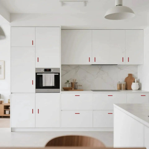 Modern kitchen with white cabinets featuring Six Pack Adjustable Cabinet Handles In Red Aluminum For Kitchen Drawers And Cabinets.