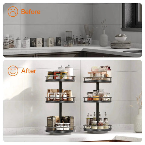 Before and after kitchen counter with Rotating Spice Rack Lazy Susan With 360 Degree Turntable And Large Capacity Three Tier Vertical Storage Organizer.