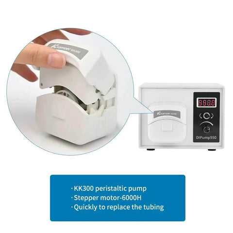 4 rotors 0-300ml/min high flow peristaltic pump with 24V stepper motor, shown with hand demonstrating tube replacement feature
