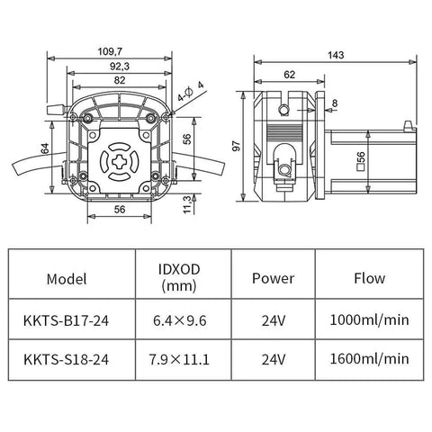 Technical diagram of KKTS-24S18 1600ml/min high Flow peristaltic Pump 24V Stepper Motor dosing Pump Adjustable Speed for lab Factory Industry