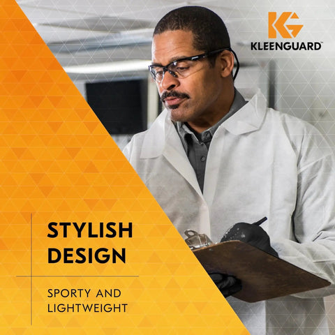 Man wearing V30 Nemesis Safety Glasses Clear Lenses Black Frame Unisex Eyewear, holding a clipboard, KLEENGUARD logo