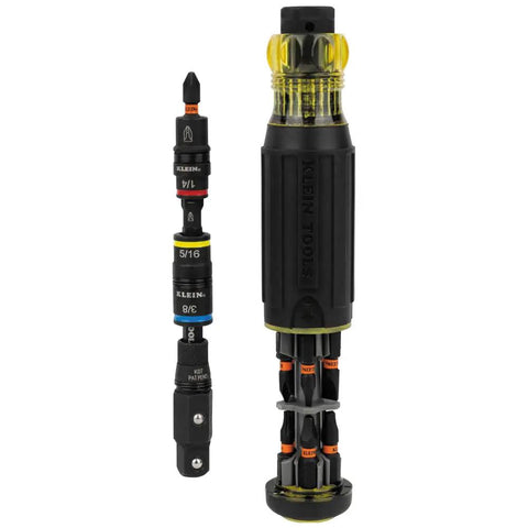 17-In-1 Impact Rated Hybrid Screwdriver And Nut Driver With Magnetic Shaft, Flip Socket, 11 Tips, 3 Nut Driver Sizes, Bit Holder And Square Adapter, Pro Grade KNECT Kit By Klein Tools with visible tools and magnetic shaft.