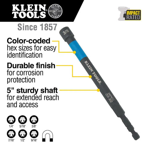 Six Piece SAE Magnetic Impact Nut Setter Set With Color Coded Power Nut Drivers And Extended Reach For Heavy Duty Fastening Includes 1/4 5/16 3/8 7/16 1/2 9/16 Inch Sizes Rare Earth Magnets For One Hand Driving Klein Tools 32930 showing color-coded 3/8 inch driver with extended reach and durable finish.