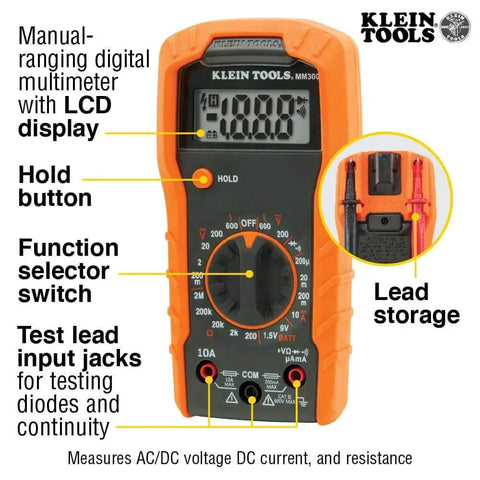 Front view of Electrical Test Kit with Digital Multimeter showing LCD display, buttons and test lead input jacks, Klein Tools branding visible.