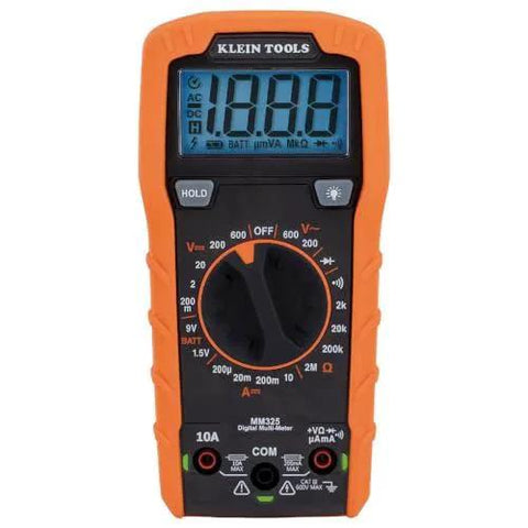 Front view of Klein Tools MM325 Multimeter, Digital Manual-Ranging 600V AC/DC Voltage Tester with orange and black casing.