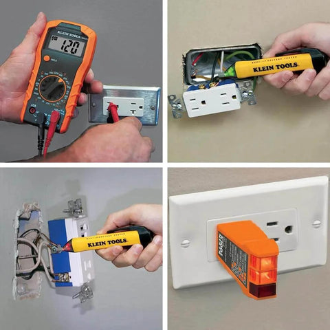 Electrical Test Kit with Digital Multimeter, Non-Contact Voltage Tester and Electrical Outlet Tester, Leads, in use