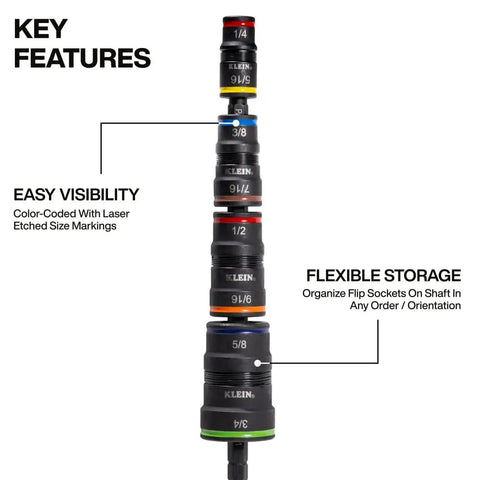 Stack of colorful Klein Tools sockets, labeled with sizes, demonstrating features of Six in One Flip Socket Set for Metric Hex Bits.