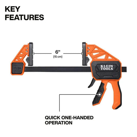 Speed Klamp 6 Inch Bar Clamp From Klein Tools With 300 Pound Clamping Force, showing one-handed operation and size measurement