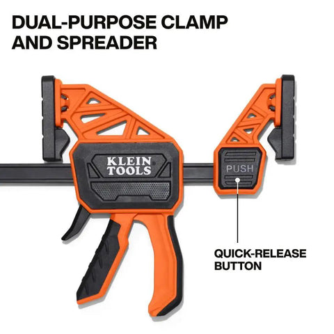Speed Klamp 6 Inch Bar Clamp From Klein Tools With 300 Pound Clamping Force, showing quick-release button and pivoting pads.