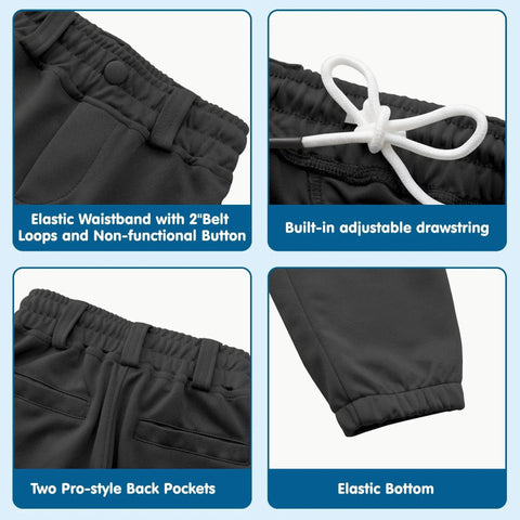 Knicker Baseball Pants for Toddlers to Youth Boys and Girls, close-up of elastic waistband, drawstring, back pockets, and hem detail