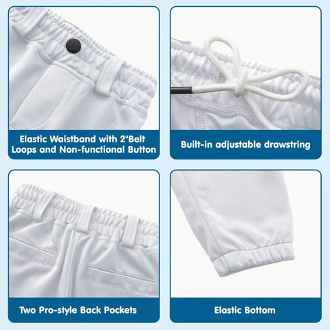 Elastic waistband and features of Knicker Style Toddler And Youth Baseball Pants For Boys And Girls By MIVEI
