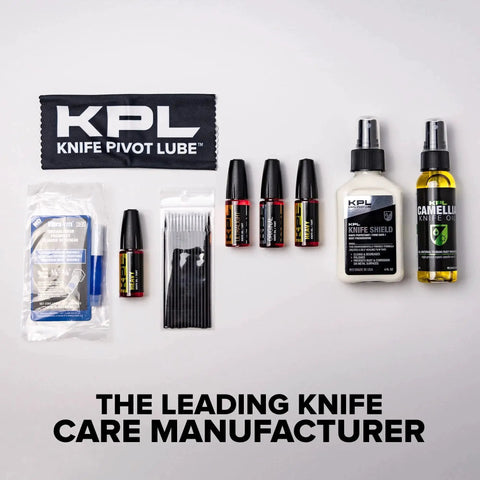 Assorted knife care products including heavy duty knife pivot lube, oils, and cleaning supplies displayed on a white background.