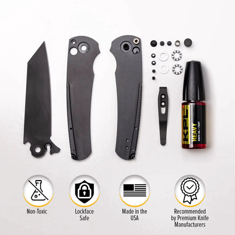 Heavy Duty Knife Pivot Lube And 75 Weight Synthetic Knife Oil For Blades And Pocket Knives Keeps Pivots Smooth And Clean Protects Against Dirt Grit And Lint In A Precision Oiler Bottle shown with knife parts
