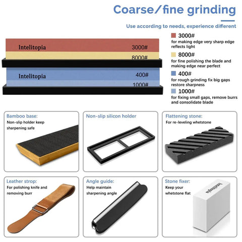 Complete Knife Sharpening Stone Set With Dual Grit Whetstones Grit 400 1000 And 3000 8000, includes strop, base, and accessories.