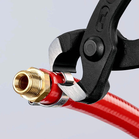 Knipex Tools Eight Point Seven Five Inch Ear Clamp Pliers 1 Ear 2 Ear Clamp Tool 1098i220 for Oetiker Clamps in use on red hose