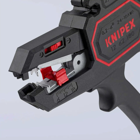 Close-up of Knipex Automatic Wire Stripper 10-24 AWG, 7.25 Inch, precision tool with ergonomic design showing adjustment dial.