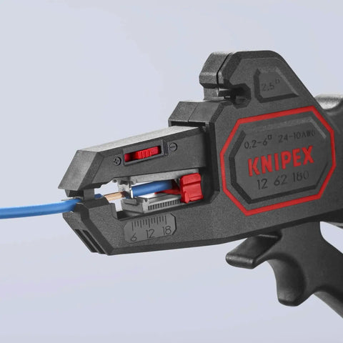 Knipex Automatic Wire Stripper 10-24 AWG, 7.25 Inch Length, close-up stripping blue wire, precision grade tool for professionals.