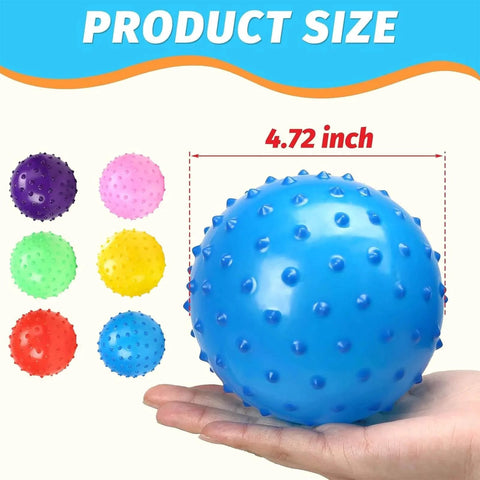 Hand holding blue 12 Pack Bouncy Ball Knobby Massage Ball, 5" Spiky Sensory Toy for Kids & Adults, with six colors displayed