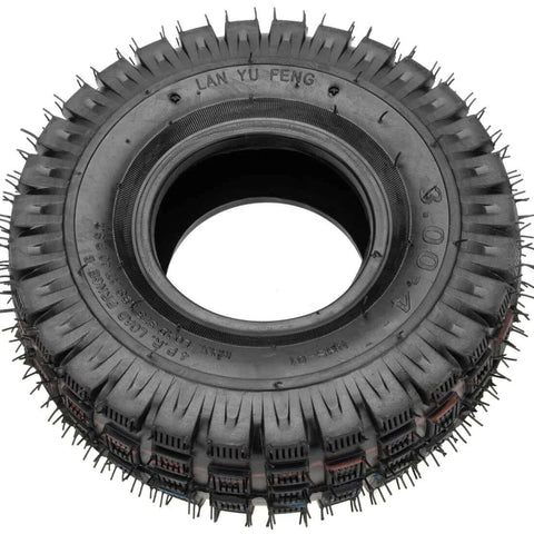 3.00-4 260 x 85 10x3 9x3.50-4 tire knobby tread front view, with TR87 bent angled valve stem for scooter, cart, mini bike applications