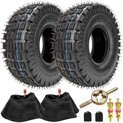 Set of 2 knobby tread 3.00-4 260 x 85 tires with TR87 bent angled valve stems, inner tubes, and valve tools for scooters and bikes.
