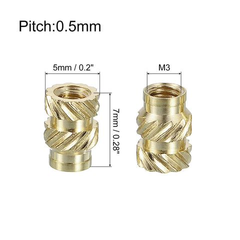 Knurled Insert Nuts, 100pcs M3 x 7mm L x 5mm OD 3D Printing Brass Nuts Female Threaded Inserts Brass Heat Set Insert Embedment Nuts dimensions