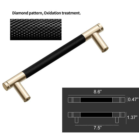 Two Pack Knurled Aluminum Cabinet Handles With Gold And Black Oxidation Finish Diamond Pattern Pulls 8.6 Inch Length 7.5 Inch Hole Center